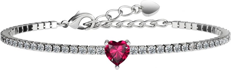 AllenCOCO Sterling Silver Heart Birthstone Bracelet, 14K White Gold Plated, AAAAA+ CZ Cubic Zirconia, Tennis Chain with Heart Charm, Hypoallergenic, Non-Tarnish Jewelry Gift for Women - Image 1